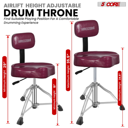 Start2Finish 5 Core Drum Throne with 4-inch padded seat, backrest, and airlift height adjustment for ergonomic comfort.