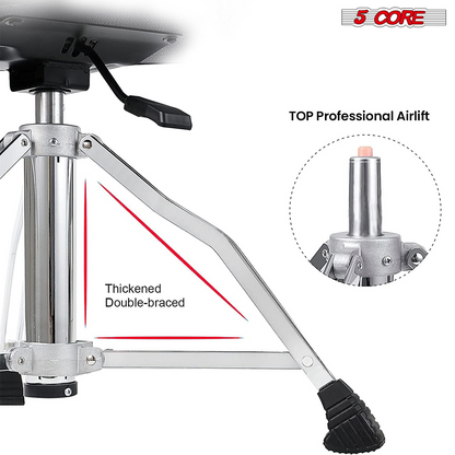 Start2Finish 5 Core drum throne with padded seat, backrest, and airlift adjustable height ergonomic drummer stool.