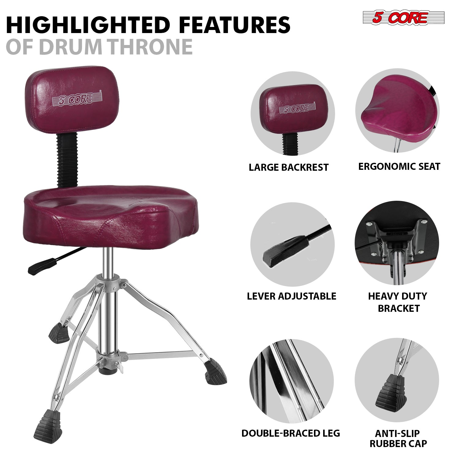 Start2Finish 5 Core Drum Throne with padded seat, backrest, and airlift adjustable height, ergonomic drummer stool for musicians.