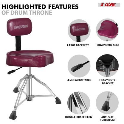 Start2Finish 5 Core Drum Throne with padded seat, backrest, and airlift adjustable height, ergonomic drummer stool for musicians.