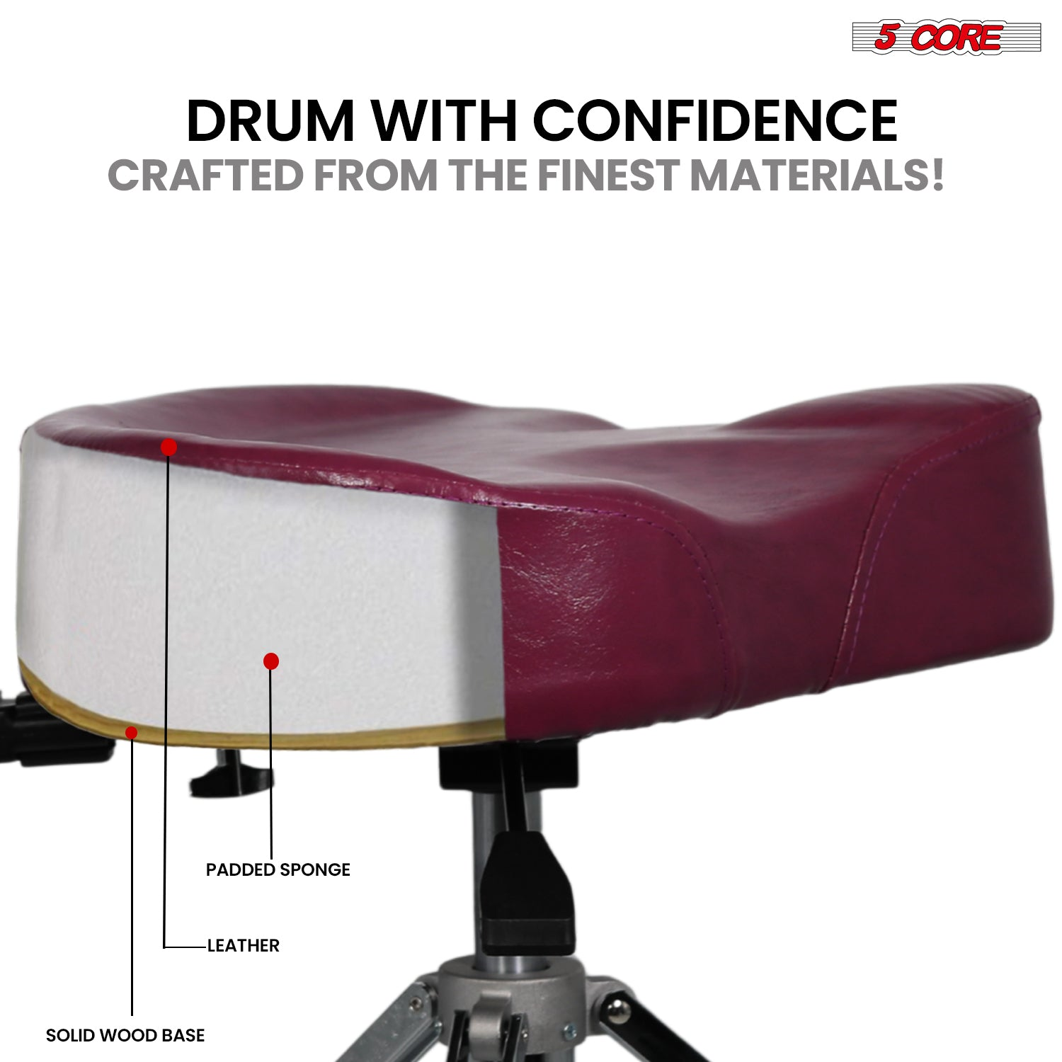 Start2Finish 5 Core Drum Throne with 4-inch padded seat, backrest, and airlift adjustable height for ergonomic drumming comfort.