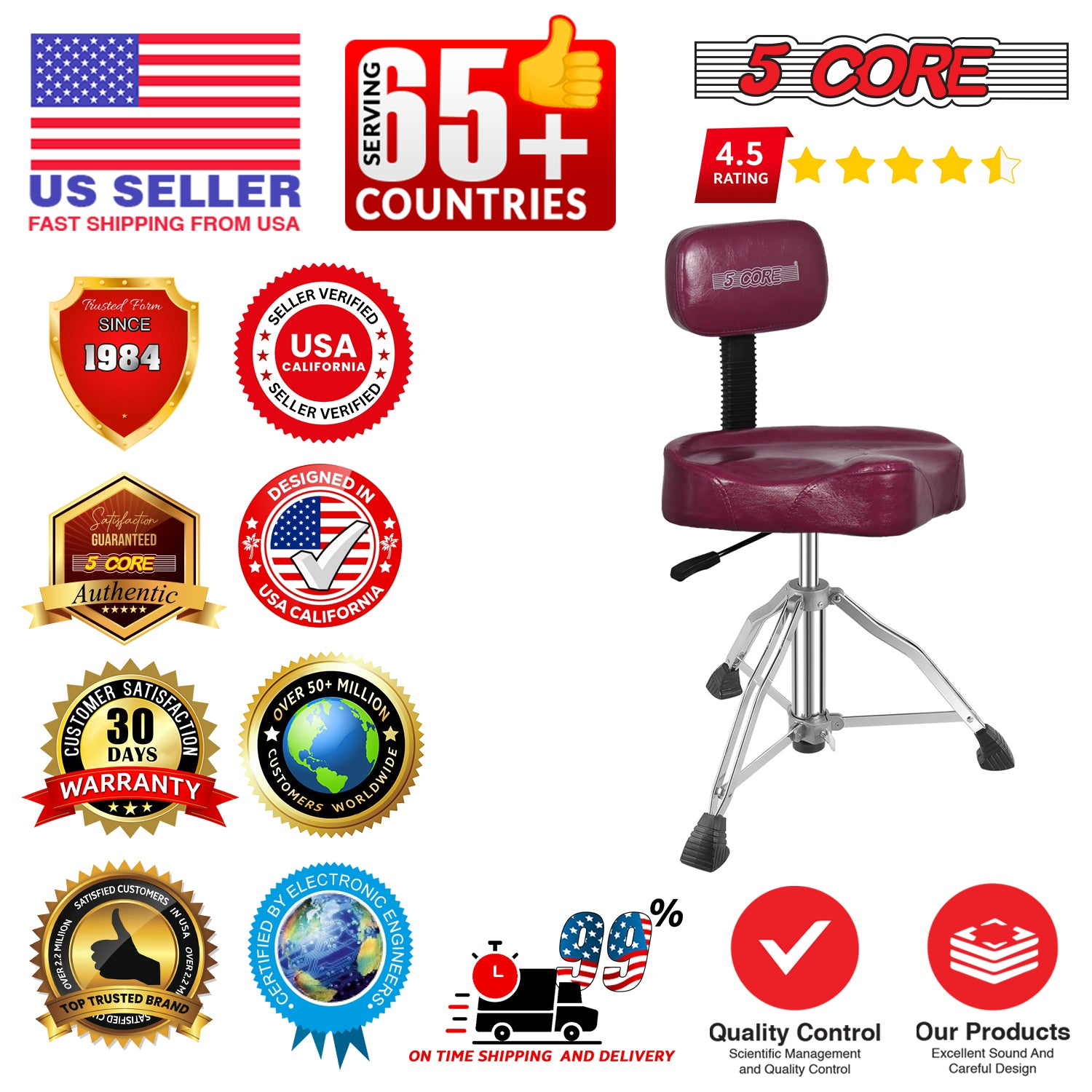 Start2Finish 5 Core Drum Throne with 4-inch padded seat, backrest, and airlift adjustment for ergonomic comfort for drummers.