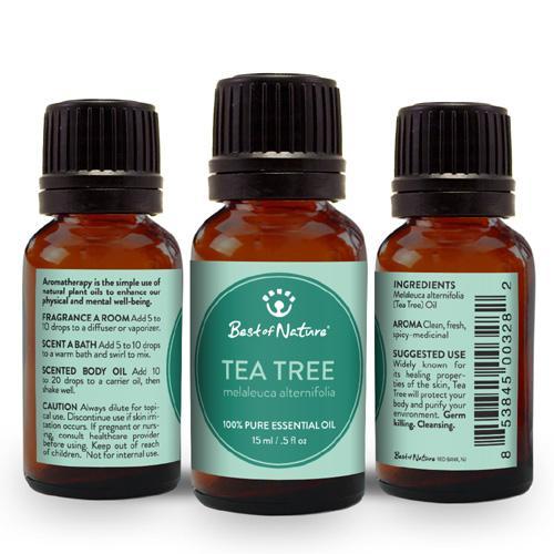Purple Missy Tea Tree Essential Oil bottle, natural amber glass container with a white label, suitable for diffusers or aromatherapy.