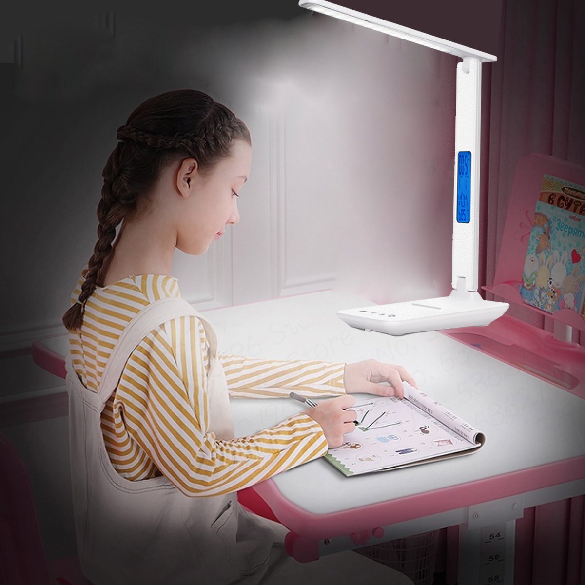 Salmon Lucky 3-in-1 tech lamp with phone charger, digital clock, and thermostat controls on a modern bedside table.