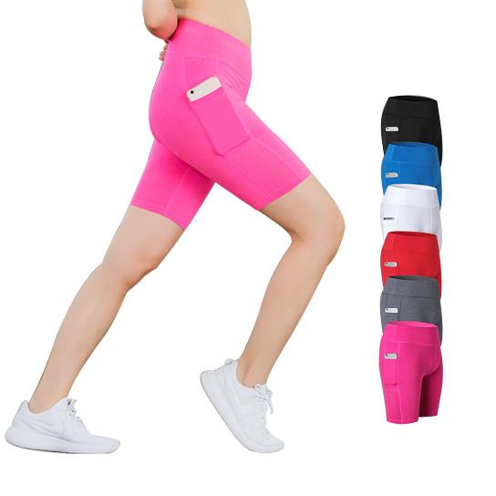 Stretchable All Seasons Yoga Shorts with phone pocket by Salmon Lucky, featuring comfortable fabric and convenient storage for active wear.