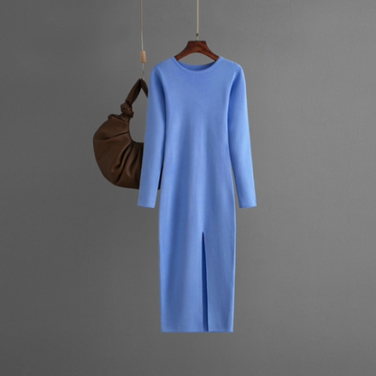 Carmine Juneberry long sleeve knitted backless round neck dress for autumn and winter, featuring a fitted silhouette and cozy fabric.