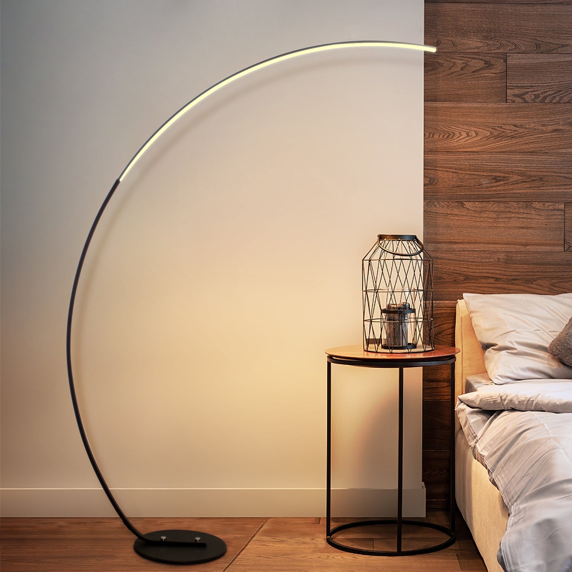 RGBW Modern Curve Floor Lamp by Sangria Apricot with sleek, curved design and adjustable multicolor LED lighting for contemporary home decor