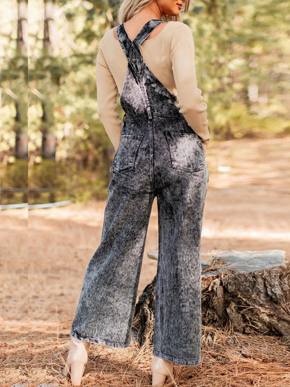 Vintage washed wide leg denim overalls for women with front pockets by Ruby Styx. Stylish, relaxed fit denim clothing.