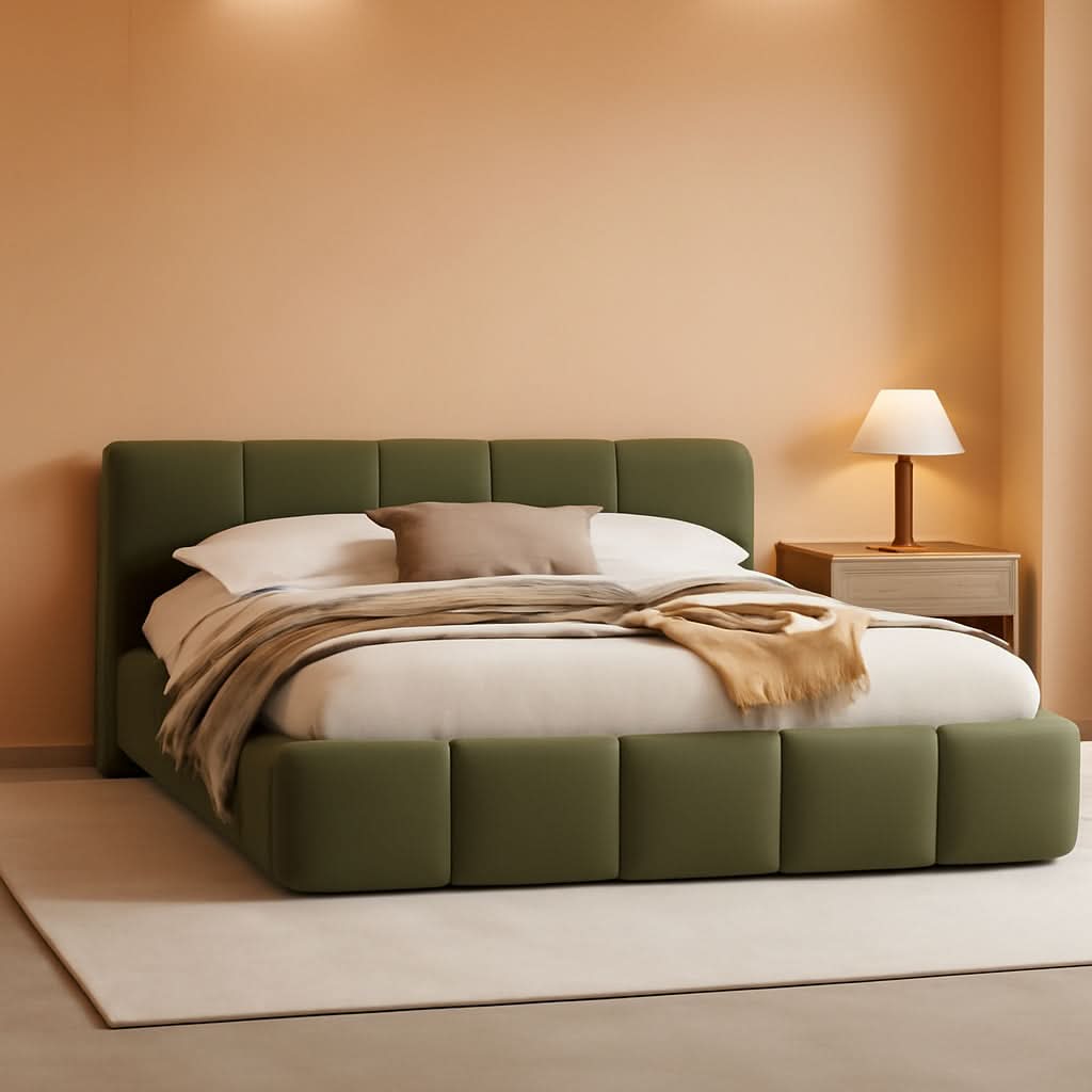 King Size Boucle PlatformBed Emerald Green Upholstered