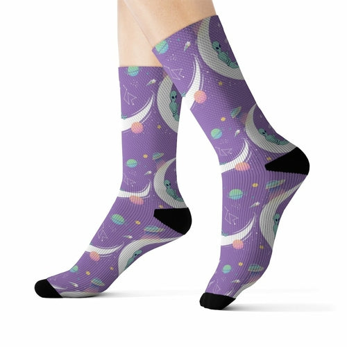 Yellow Pandora Alien Chilling Socks featuring colorful alien and space-themed design, soft and comfortable cotton material.