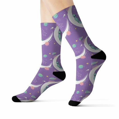 Yellow Pandora Alien Chilling Socks featuring colorful alien and space-themed design, soft and comfortable cotton material.