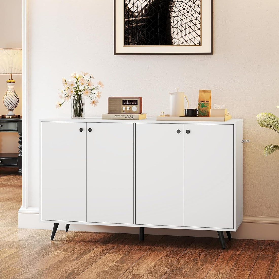 White Four Door Contemporary Buffet Sideboard Cabinet