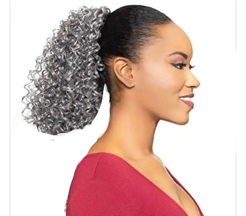 Salt and pepper human hair drawstring ponytail wig by Peach Clymene, showcasing a natural, textured hairstyle.