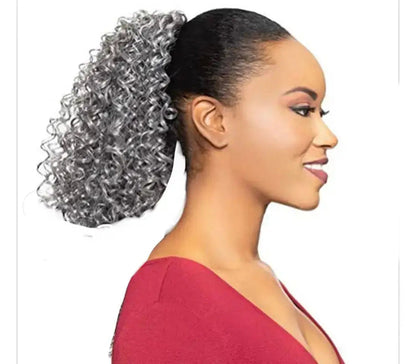 Salt and pepper human hair drawstring ponytail wig by Peach Clymene, showcasing a natural, textured hairstyle.