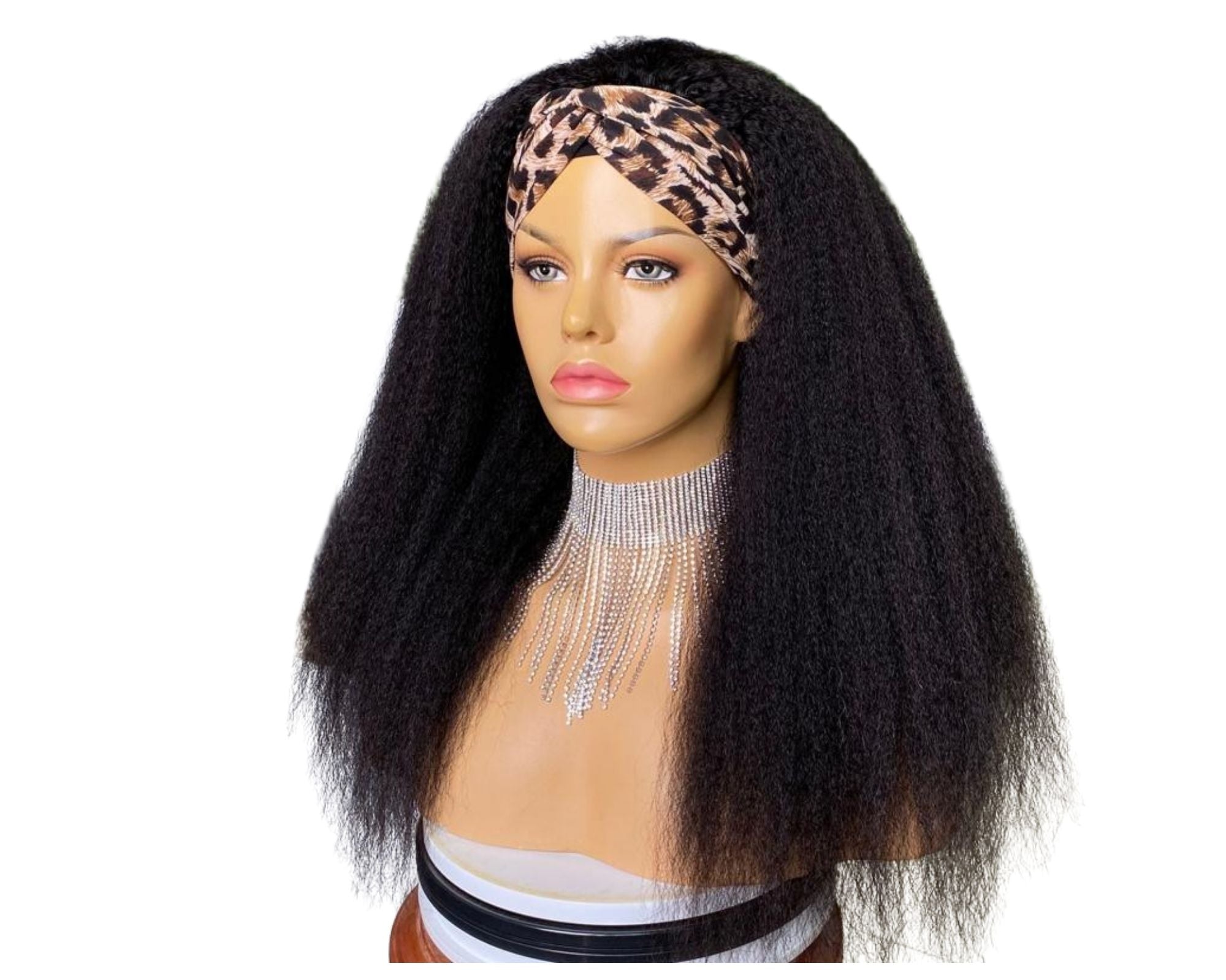 Cerise Alfie kinky straight human hair headband wig with scarf, easy to wear, no glue, suitable for bath and beauty routines.