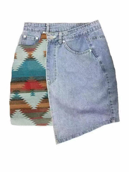 Automotive denim skirt by Jade Icarus, showcasing a stylish design with detailed stitching and fabric texture.