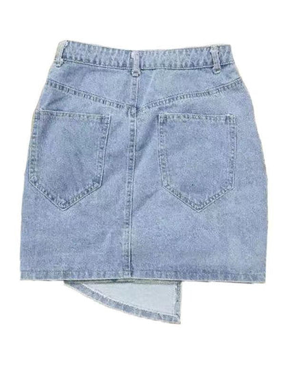 Automotive denim skirt by Jade Icarus featuring a stylish design with visible stitching and a casual fit, displayed on a mannequin.