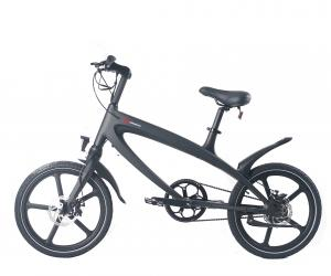 Start2Finish Carbon Black E-Bike with built-in speakers and Bluetooth, showing sleek design and handlebars with control panel.