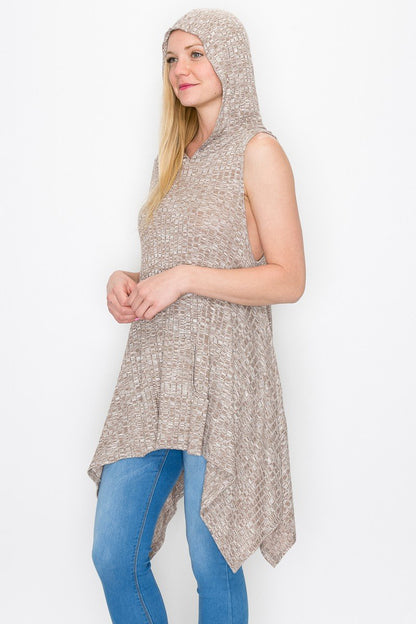 Yellow Hera sleeveless hooded top dress in mocha with a relaxed fit, featuring a hood and sleeveless design.