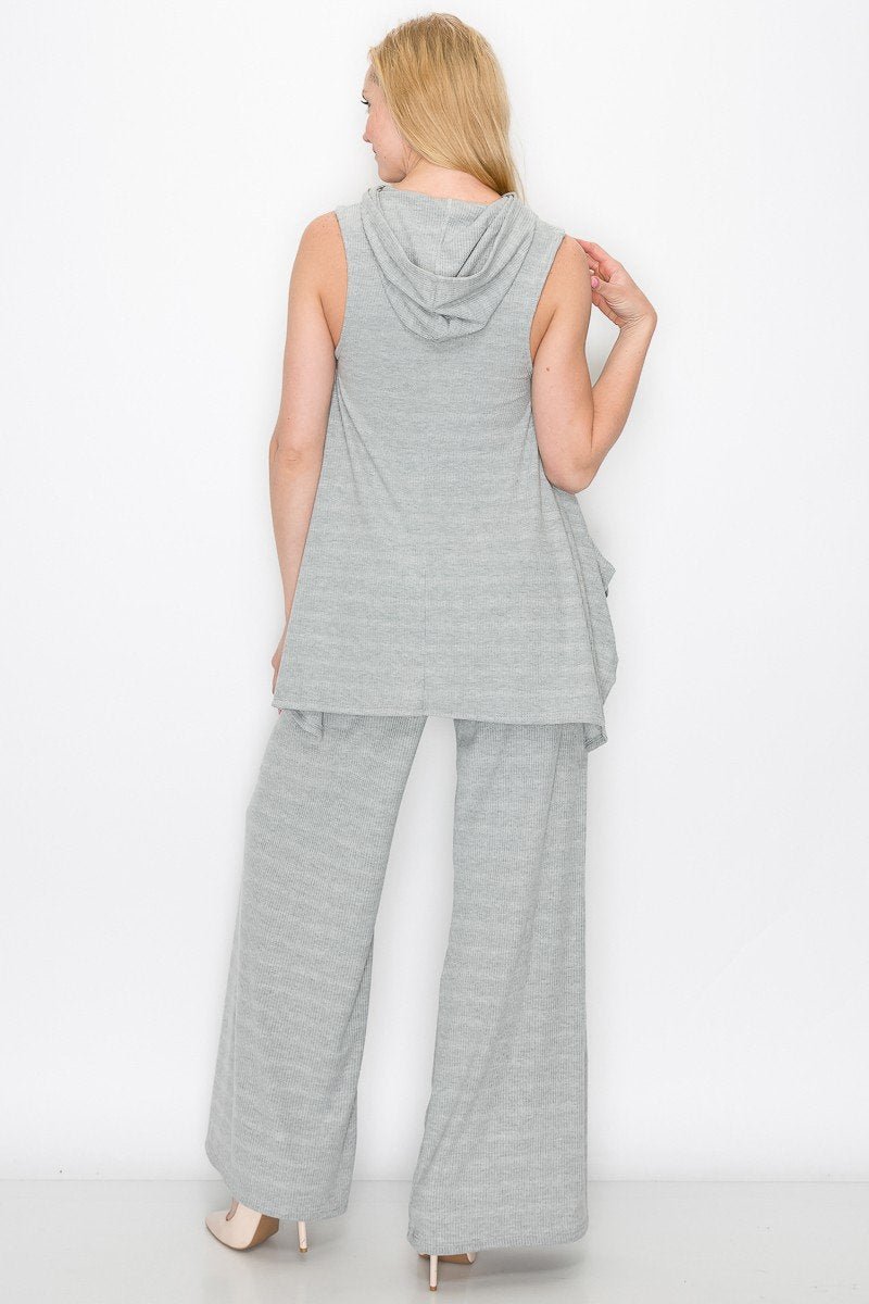 Gray sleeveless hooded top and wide-leg pants set by Yellow Hera, casual clothing ensemble with relaxed fit and comfortable fabric.