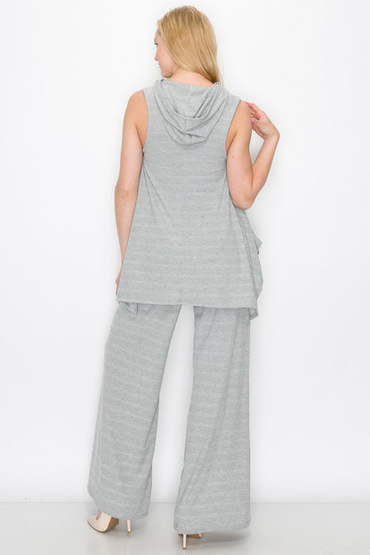 Gray sleeveless hooded top and wide-leg pants set by Yellow Hera, casual clothing ensemble with relaxed fit and comfortable fabric.