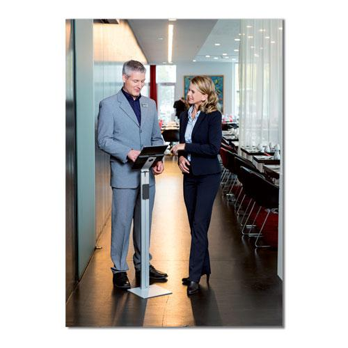 Start2Finish silver and charcoal gray floor stand tablet holder with adjustable arm and stable base for electronic device display.