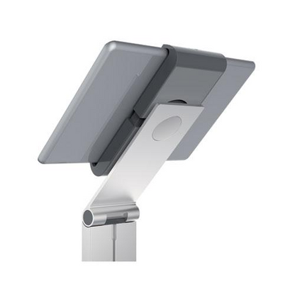 Start2Finish silver and charcoal gray floor stand tablet holder displaying a sleek electronic accessory on a neutral background.