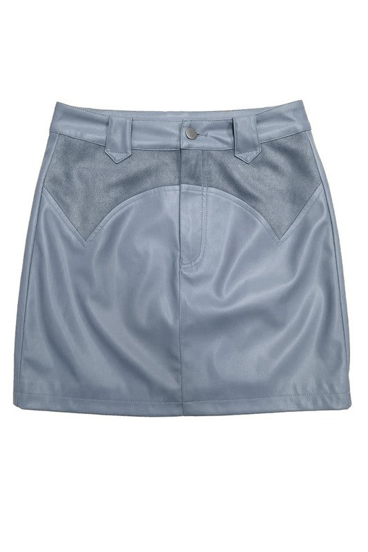 Western contrast pleather mini skirt by Jade Icarus, showcasing a stylish automotive-inspired design with contrasting panels.