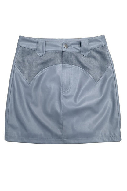 Western contrast pleather mini skirt by Jade Icarus, showcasing a stylish automotive-inspired design with contrasting panels.