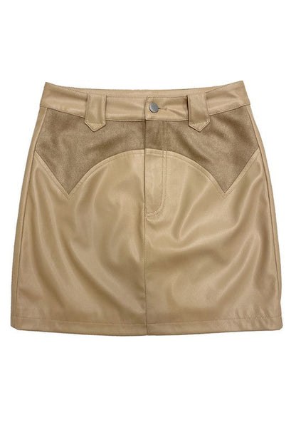 Western contrast pleather mini skirt by Jade Icarus, featuring a stylish design with contrasting panels and a fitted look.