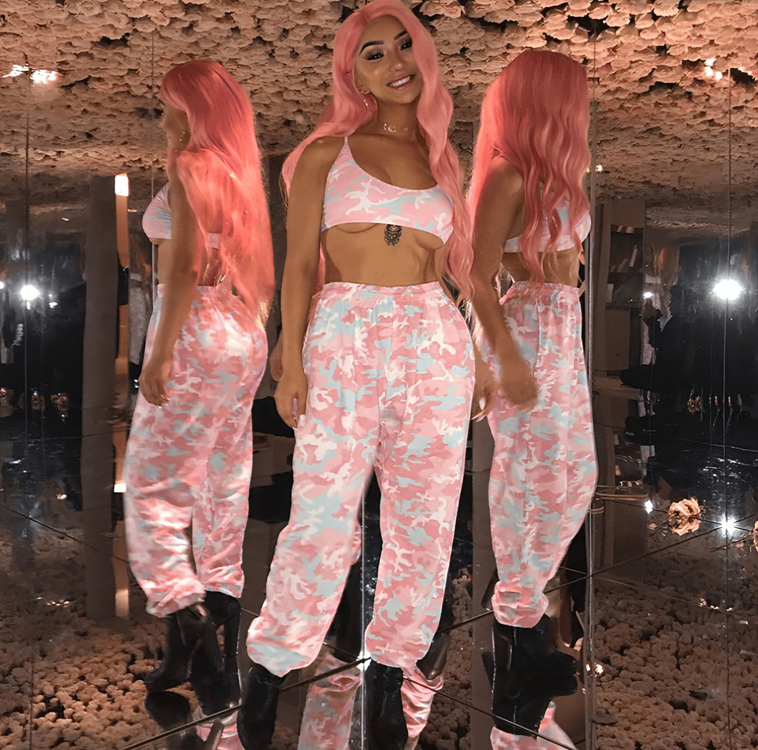 Carmine Juneberry camouflage high waist casual jogger jeans with elastic waistband and relaxed fit for spring wear