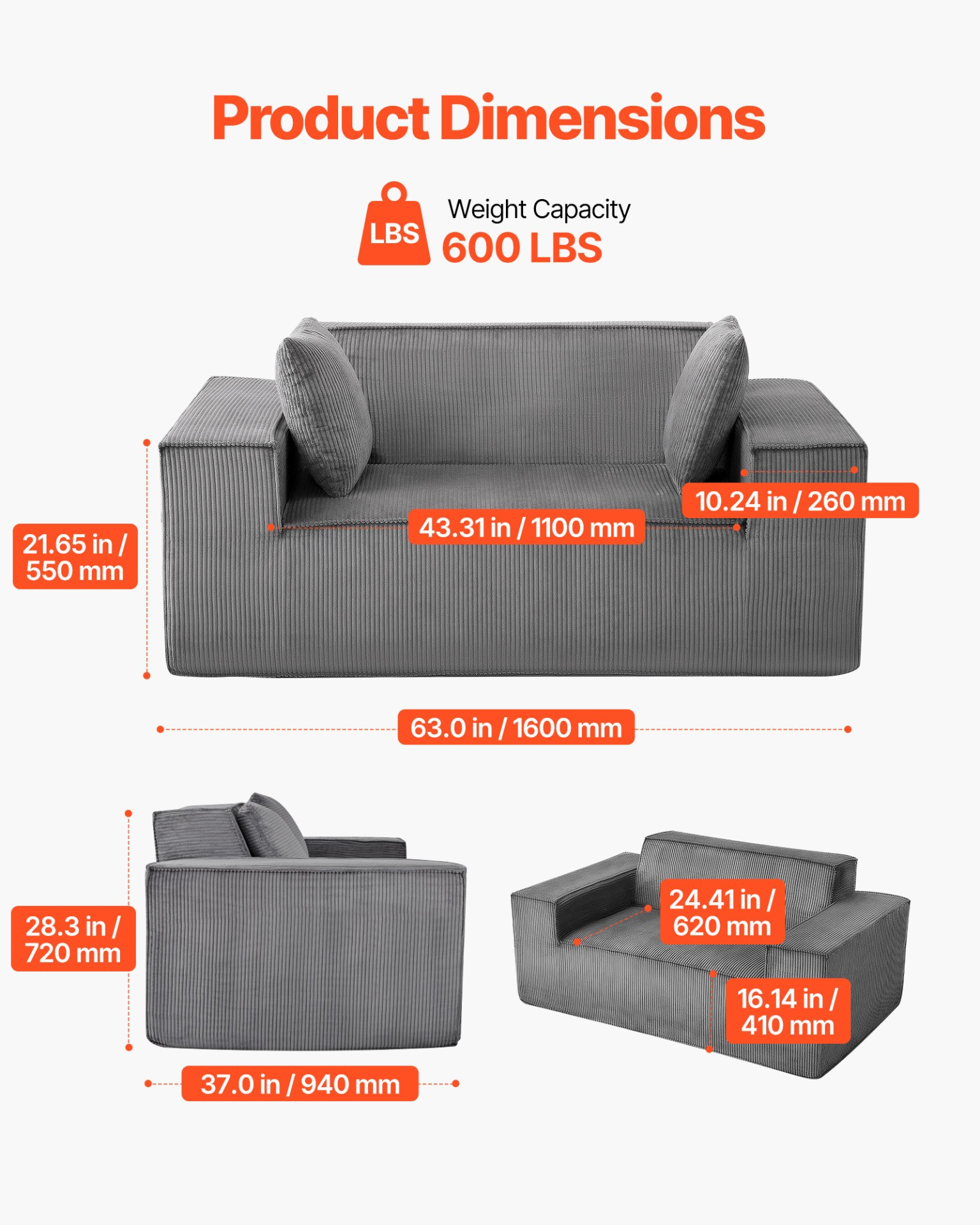 Gray VEVOR loveseat sofa with soft cushions, pocket spring support, and modern corduroy fabric, ideal for living room or bedroom.