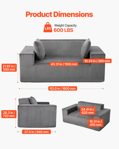 Gray VEVOR loveseat sofa with soft cushions, pocket spring support, and modern corduroy fabric, ideal for living room or bedroom.
