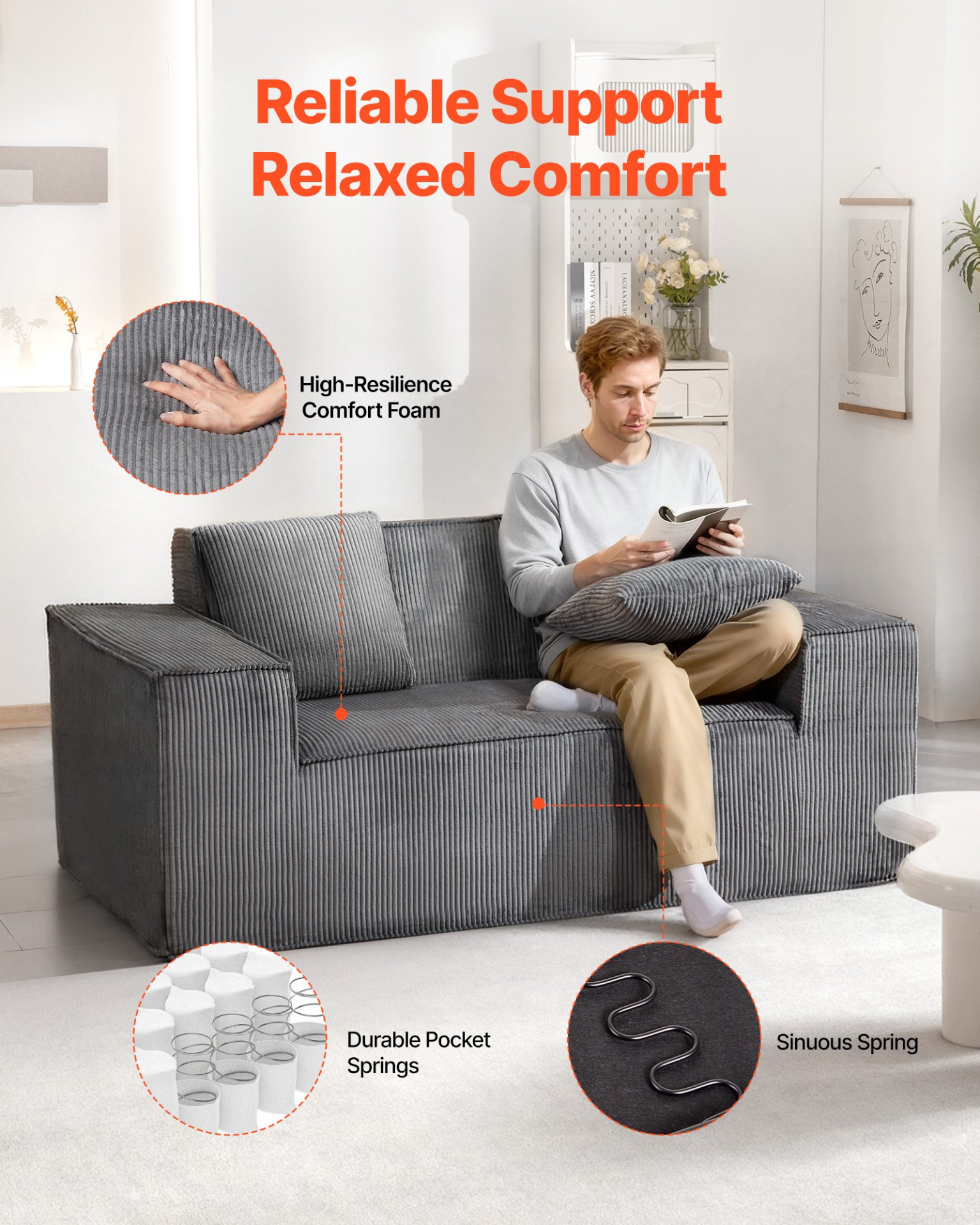 Gray VEVOR loveseat sofa with soft cushions, pocket springs, and modern design, ideal for living room, bedroom, or office.