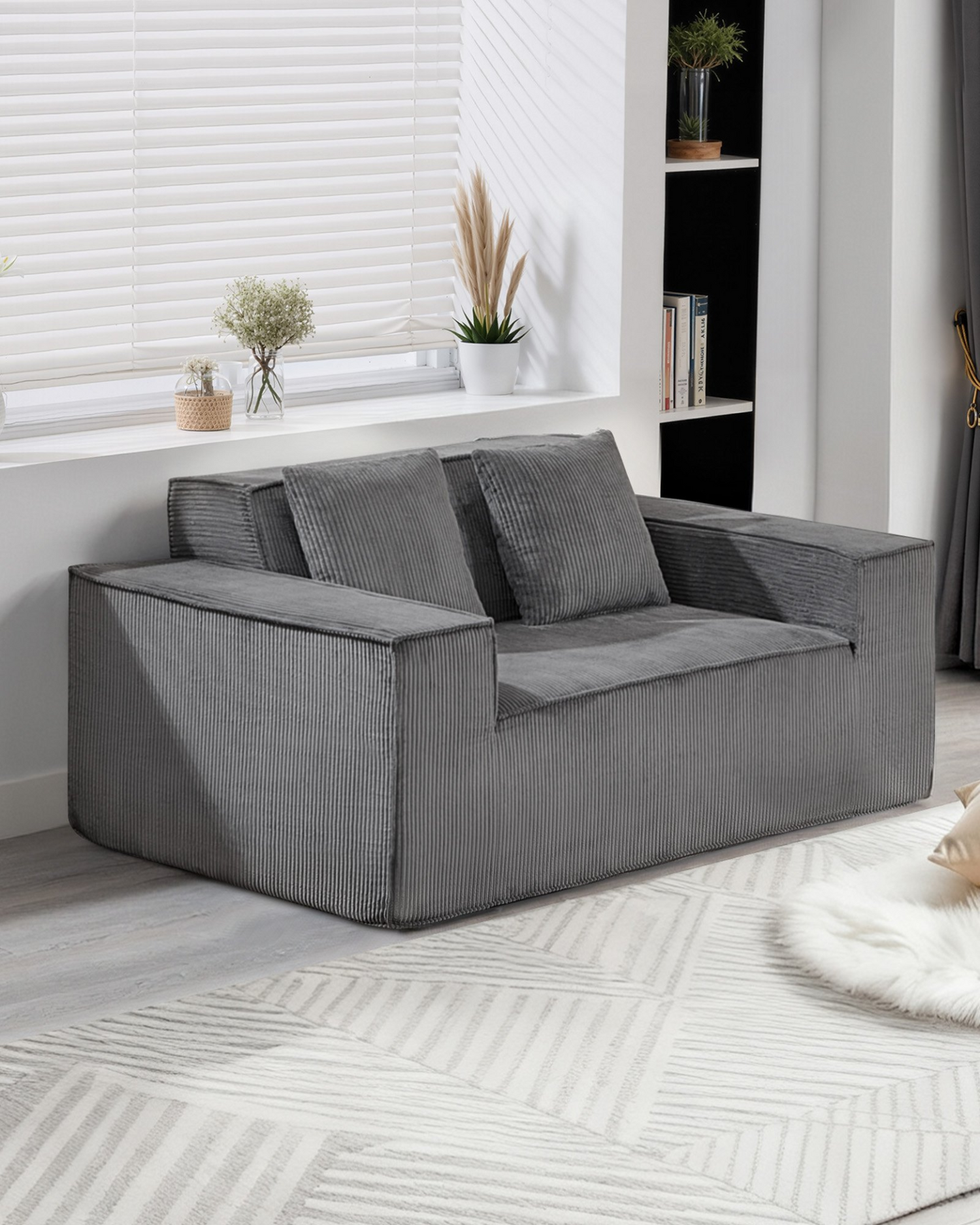 Gray VEVOR loveseat sofa with soft cushions, corduroy fabric, two-seats, pocket springs, perfect for living rooms, bedrooms, or offices.