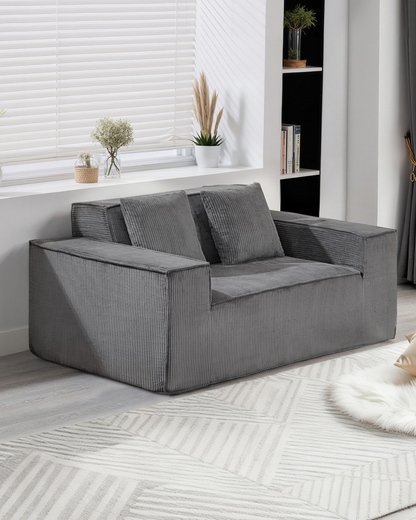 Gray VEVOR loveseat sofa with soft cushions, corduroy fabric, two-seats, pocket springs, perfect for living rooms, bedrooms, or offices.