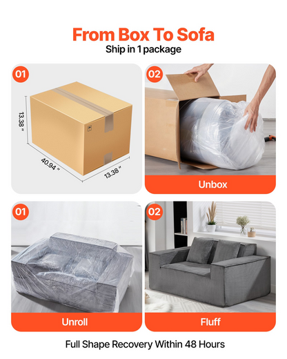 Gray VEVOR loveseat sofa with soft cushions, corduroy fabric, pocket springs, and two seats, ideal for living room, bedroom, or office.