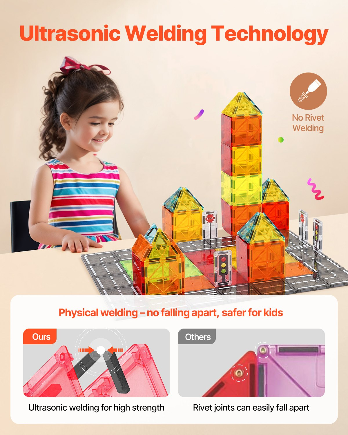 Vevor magnetic tiles 56-piece set for kids, magnetic road building blocks, STEM educational city construction toys for toddlers.