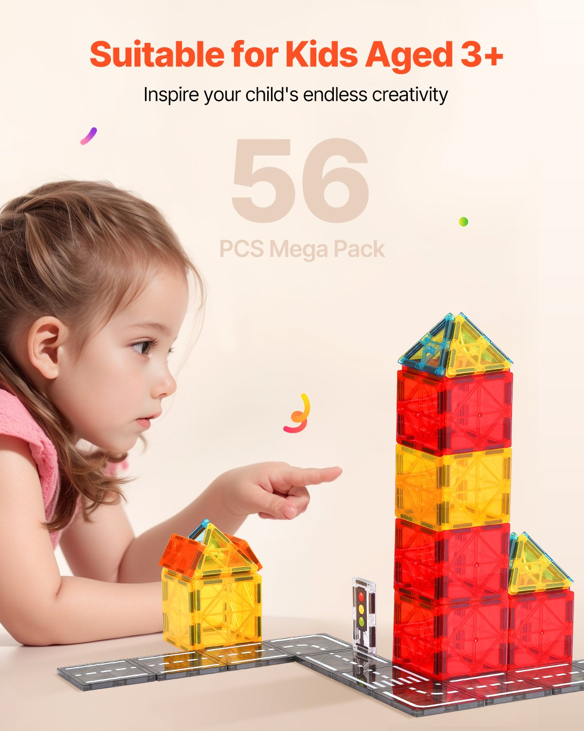 Start2Finish VEVOR magnetic tiles 56-piece road building set for kids, STEM city construction and stacking educational toys.