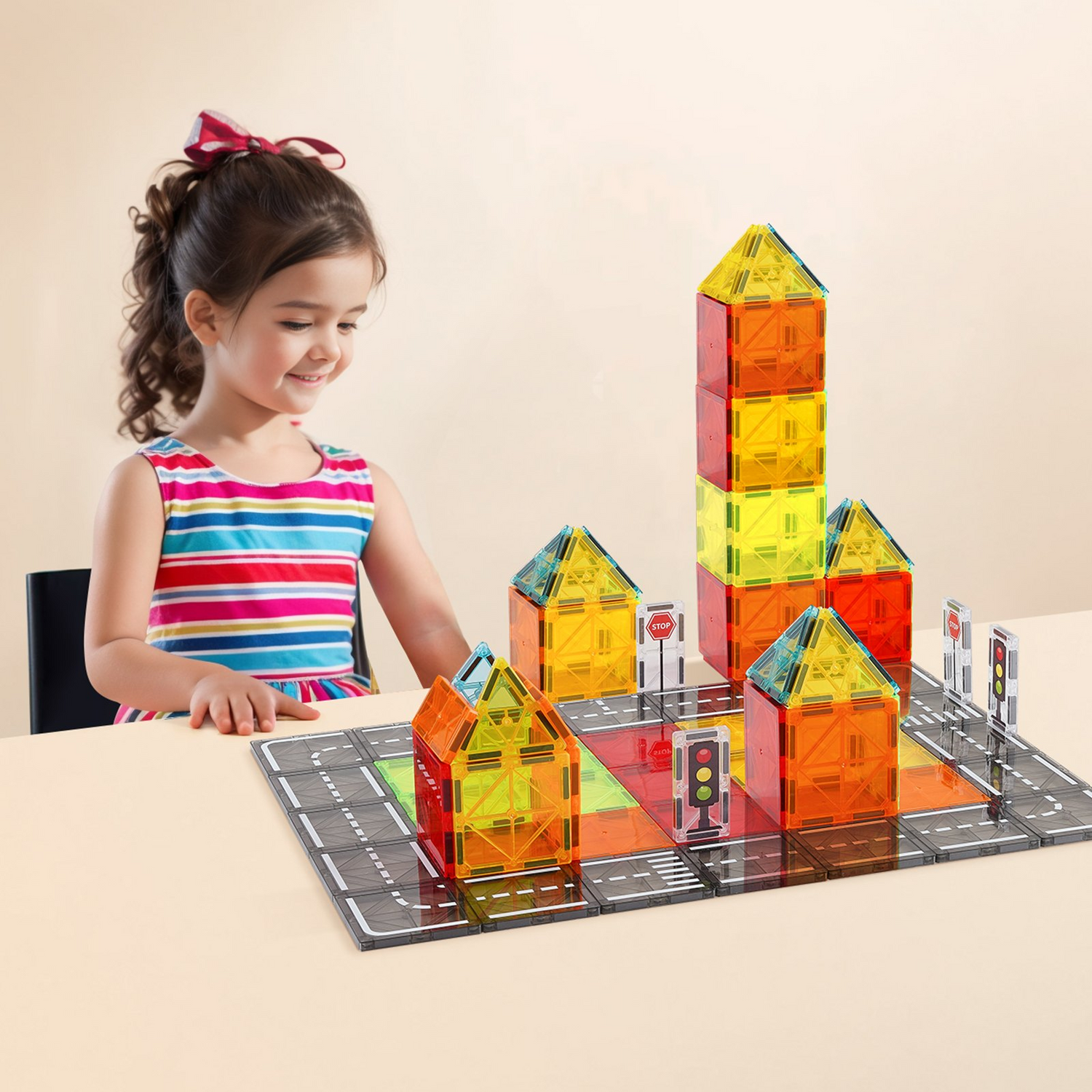 Start2Finish VEVOR 56-piece magnetic tiles set for kids, STEM city construction building blocks with storage bag for toddlers.