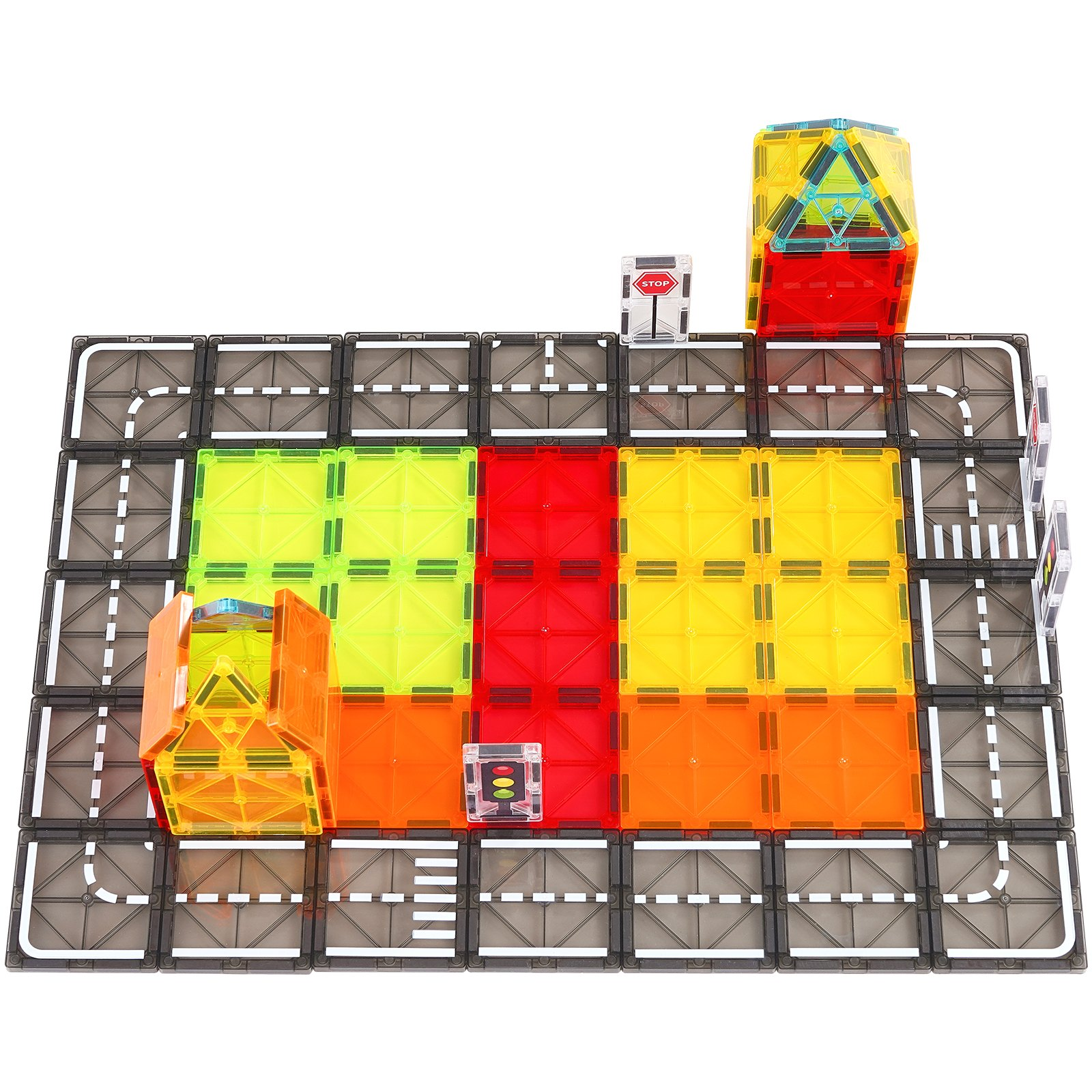 Start2Finish VEVOR Magnetic Tiles, 56-piece magnetic road building set for kids, STEM educational city construction toy.
