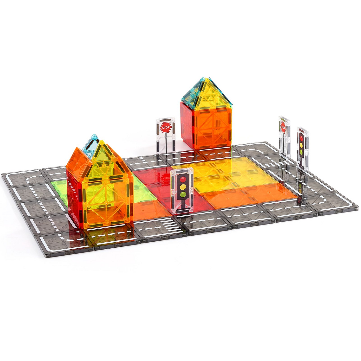 Start2Finish VEVOR magnetic tiles 56-piece set for kids, STEM building blocks with storage bag, colorful city construction toys.