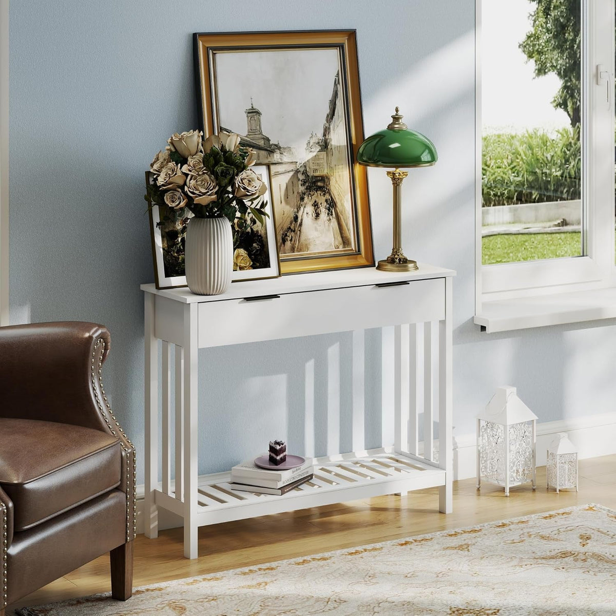 White Minimalist Console Table With Generous Drawer