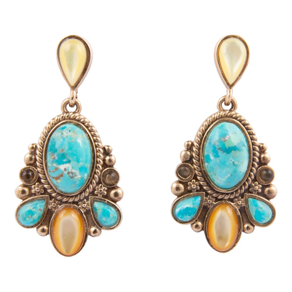 Barcelona blue turquoise and caramel mother of pearl post earrings by Start2Finish featuring vibrant blue, earthy caramel tones, and elegant design.