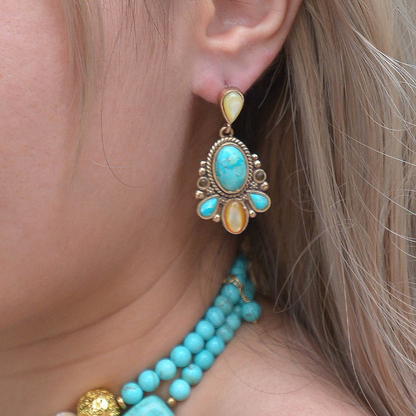Start2Finish Barcelona blue turquoise and caramel mother of pearl post earrings, featuring vibrant blue and warm caramel tones.