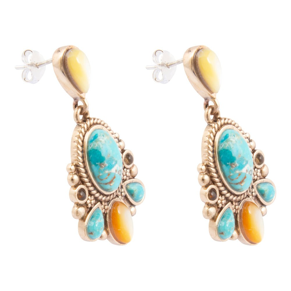 Barcelona Blue turquoise and caramel mother of pearl post earrings, handcrafted jewelry with vibrant blue and warm caramel tones.