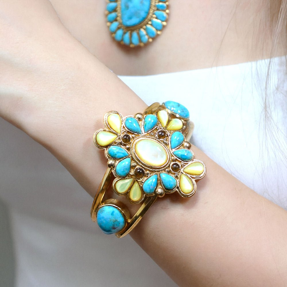 Start2Finish Barcelona blue turquoise and caramel mother of pearl gold cuff bracelet with intricate jewelry design