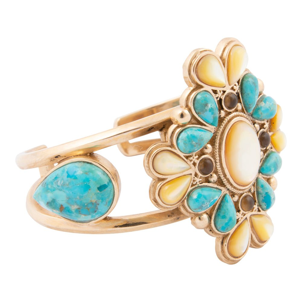 Barcelona blue turquoise and caramel mother of pearl gold cuff bracelet with intricate jewelry design and shiny finish.