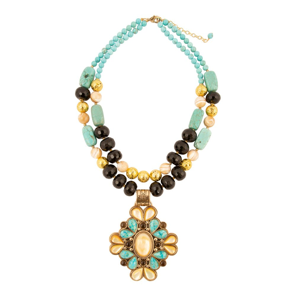 Barcelona blue turquoise and caramel mother of pearl pendant necklace with gold accents, showcasing elegant jewelry design