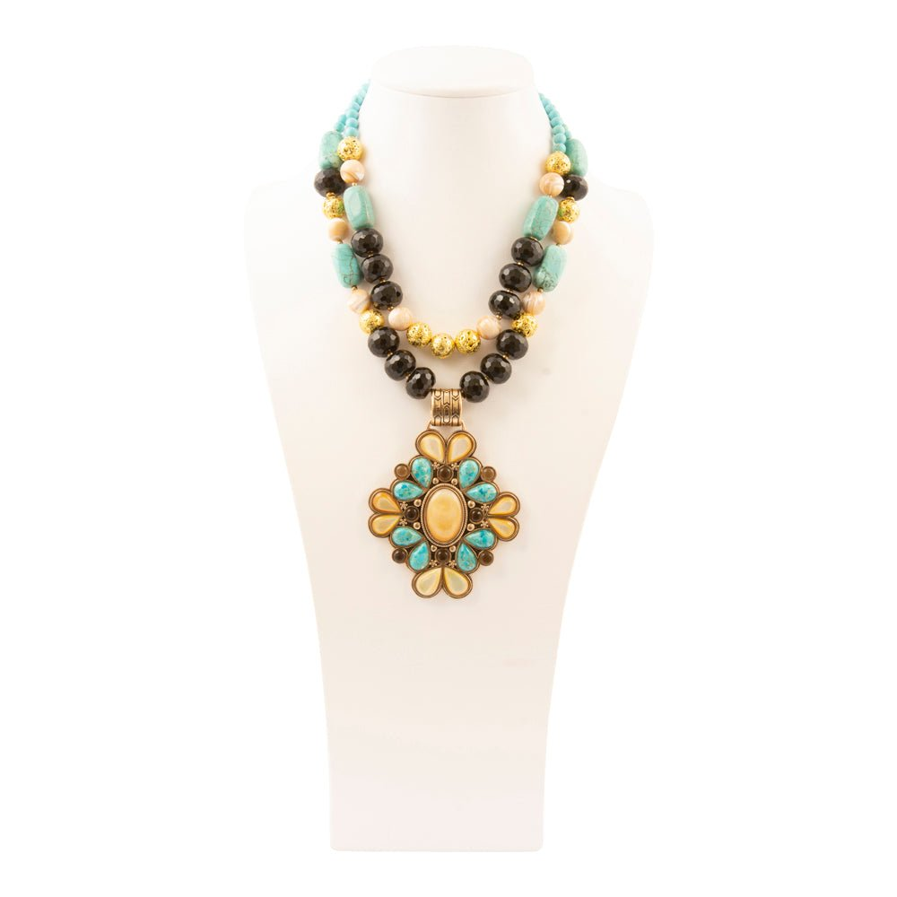 Barcelona blue turquoise and caramel mother of pearl pendant necklace with gold accents, elegant jewelry by Start2Finish.